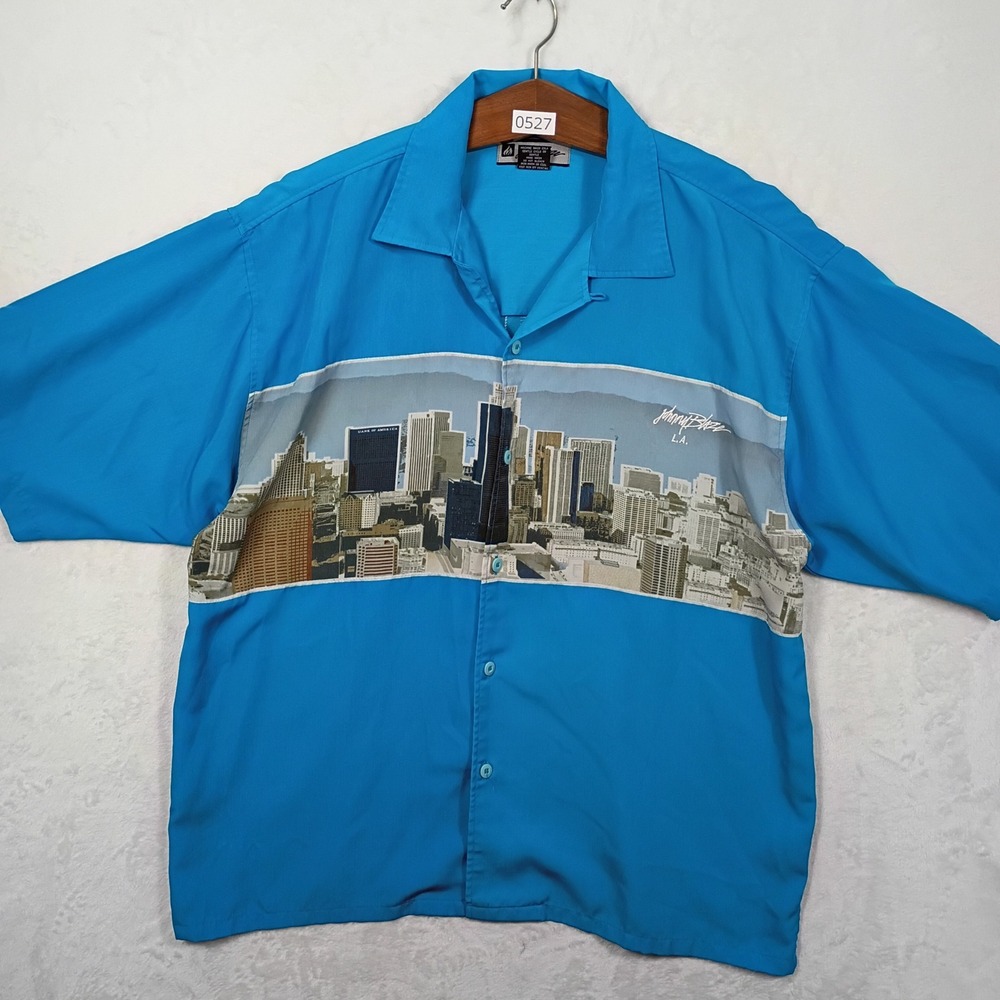 Johnny Blaze Shirt‎ Mens XL Blue LA Skyline Graphic Y2K 90s Vintage Streetwear